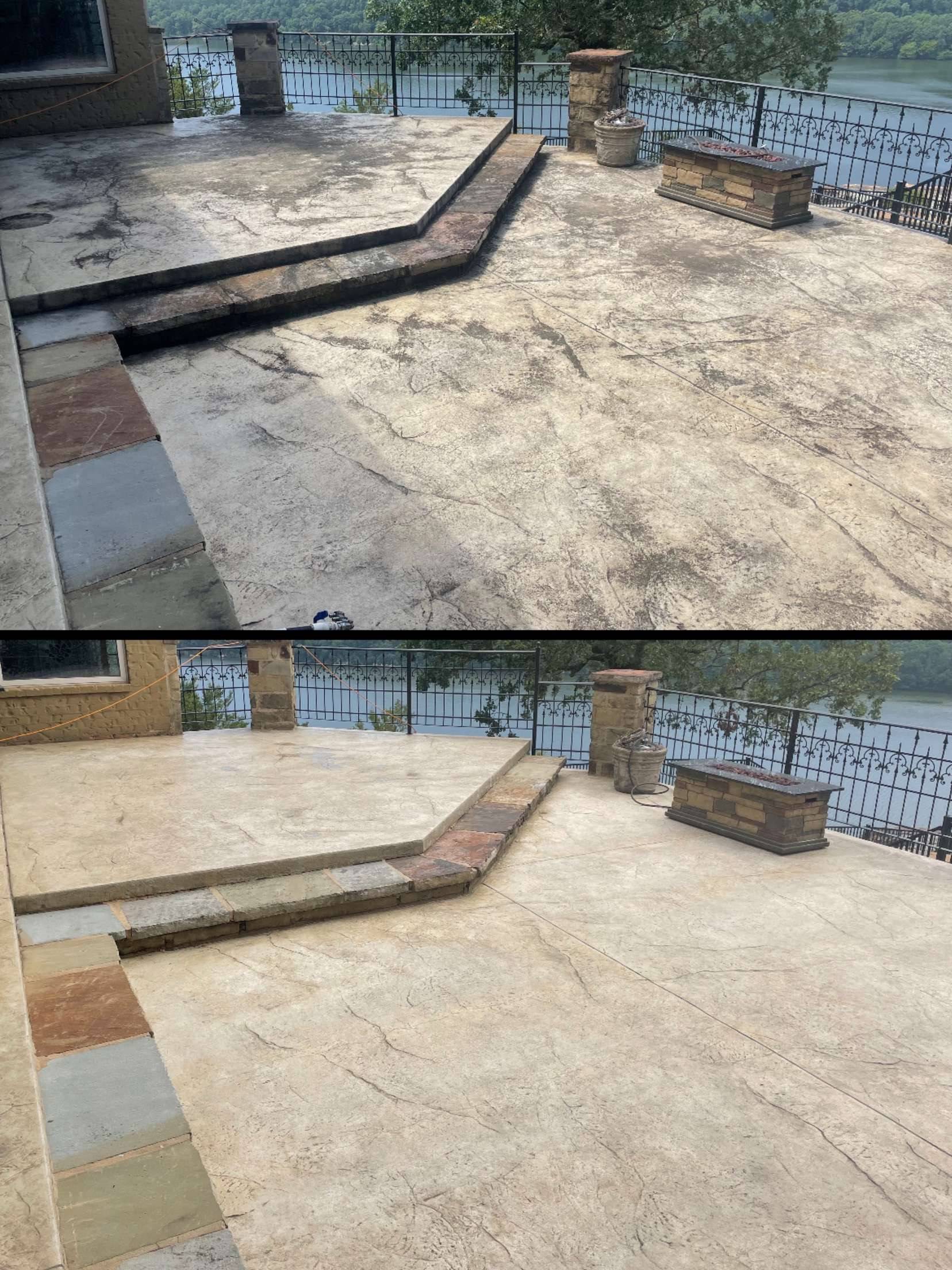 A before and after of a dirty building that was power washed